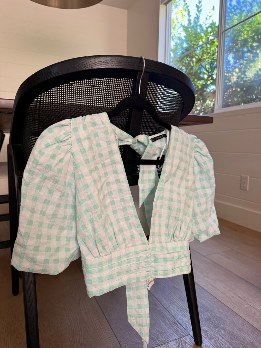 Zara Mint Green and White Gingham Tie-Front Top